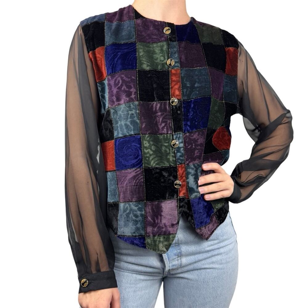 Vintage 90s Velvet Patchwork Fairy Grunge Whimsigoth‎ Dark Romantic Blouse 12P
